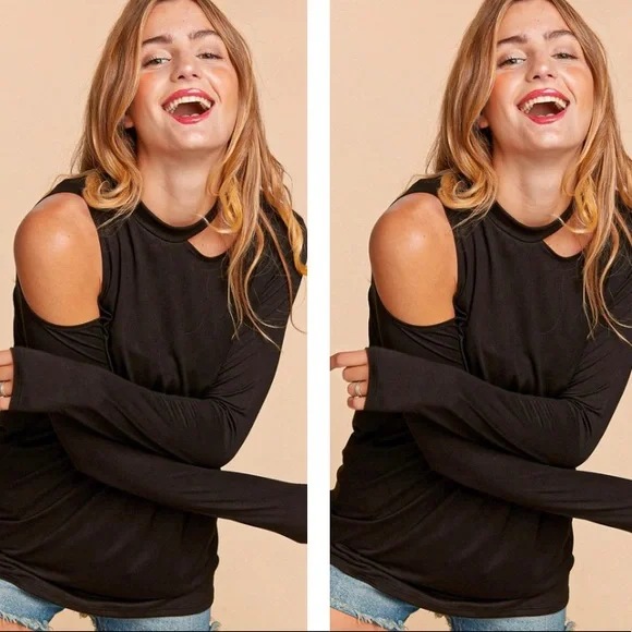 Black Cold Shoulder Cut Out Long Sleeve Knit Top - Picture 1 of 4